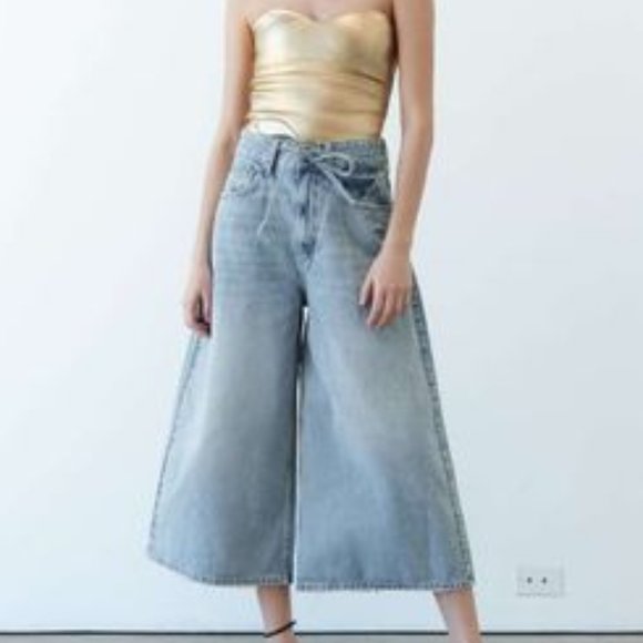 Zara High Waist Culotte Jeans with Waist Tie in Beach Blue - Picture 1 of 2